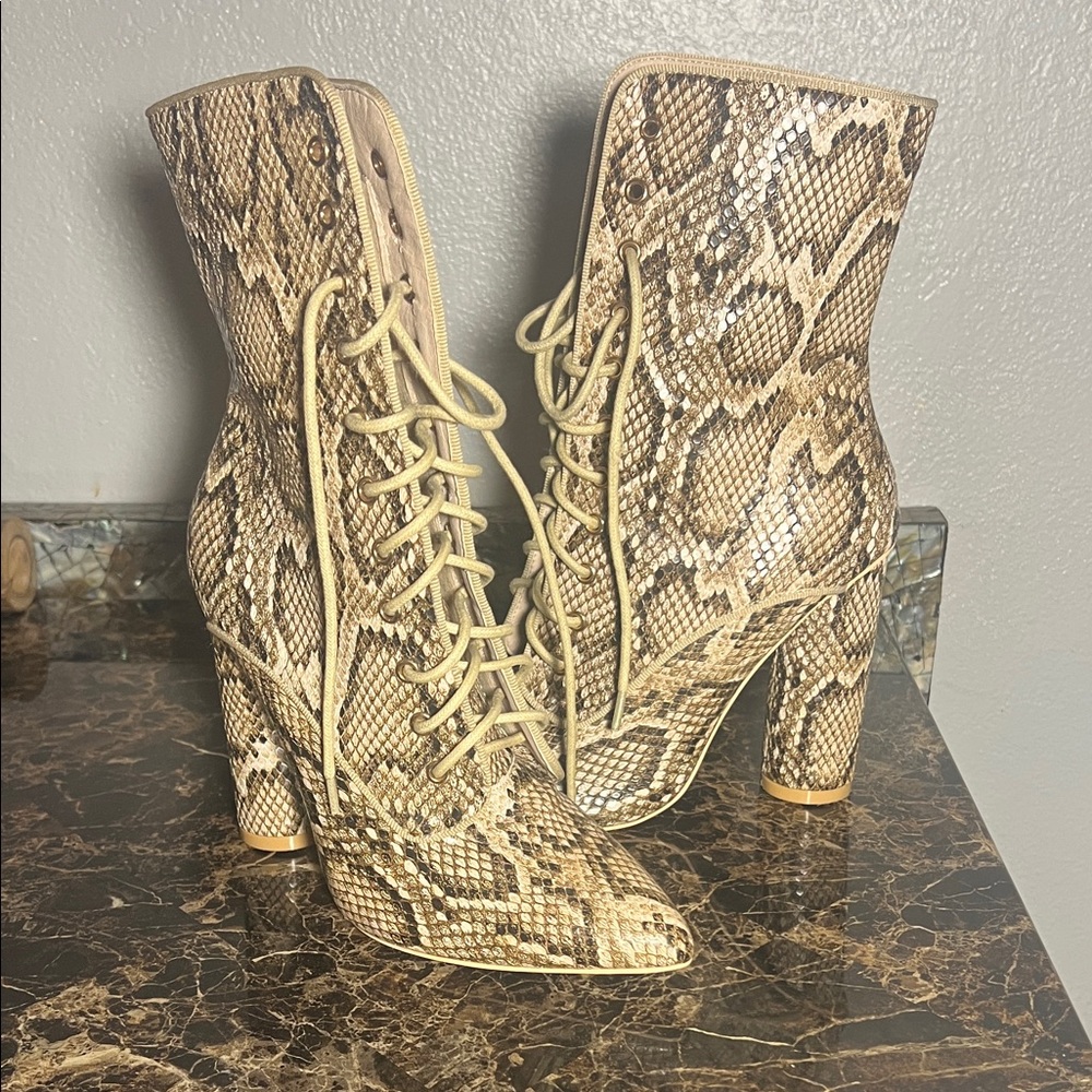 Fashion Nova Beige Snakeskin Lace-Up Boots